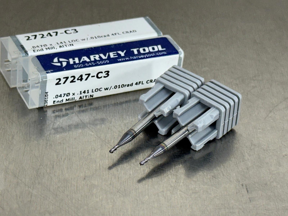 (Qty 2) Harvey 3/64" Carbide End Mill .01" CR 27247-C3