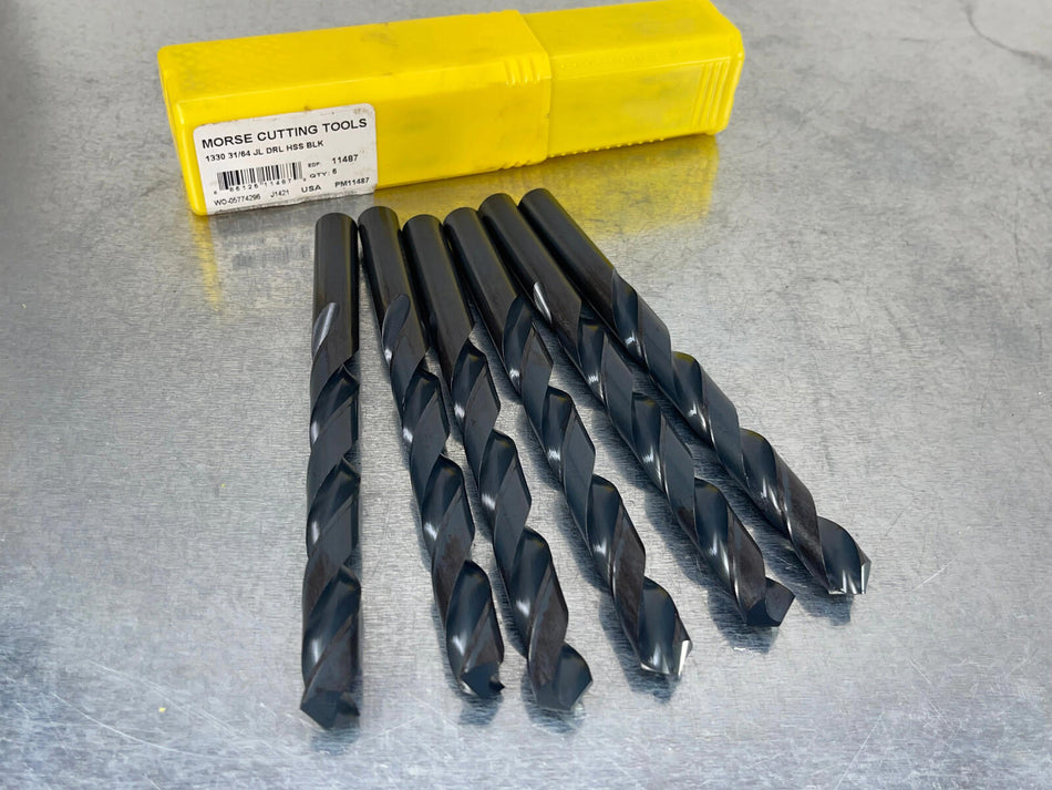 (6) Morse 31/64" Jobber Drill, HSS Black Oxide, USA Made 11487