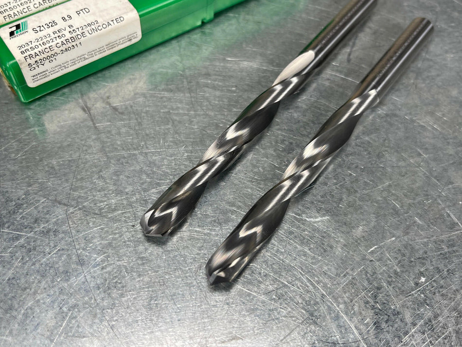 (2) PTD 8.9mm Solid Carbide Drill 4-5/8" OAL Non Coolant Thru