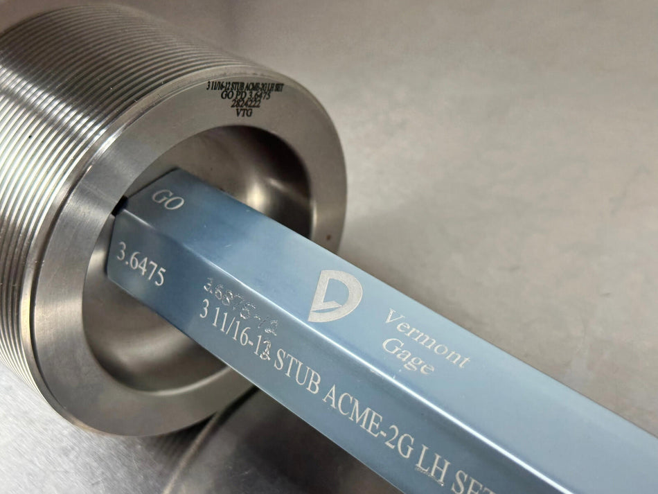 Vermont 3 11/16 12 ACME 2G LH Thread Gage Set Plug 3.6475 GO Only 3 11/16-12