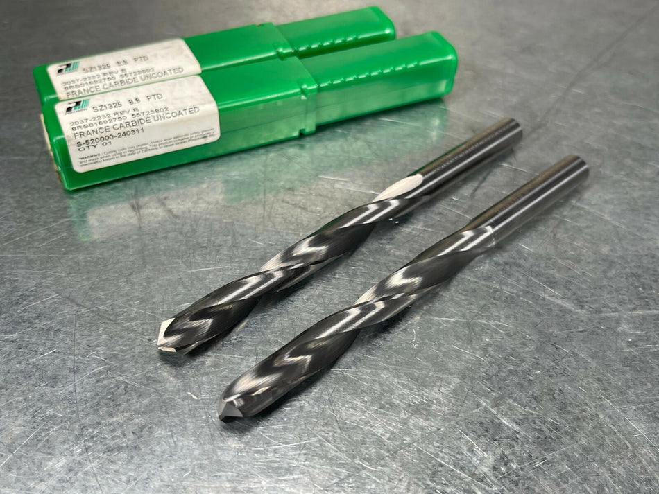 (2) PTD 8.9mm Solid Carbide Drill 4-5/8" OAL Non Coolant Thru