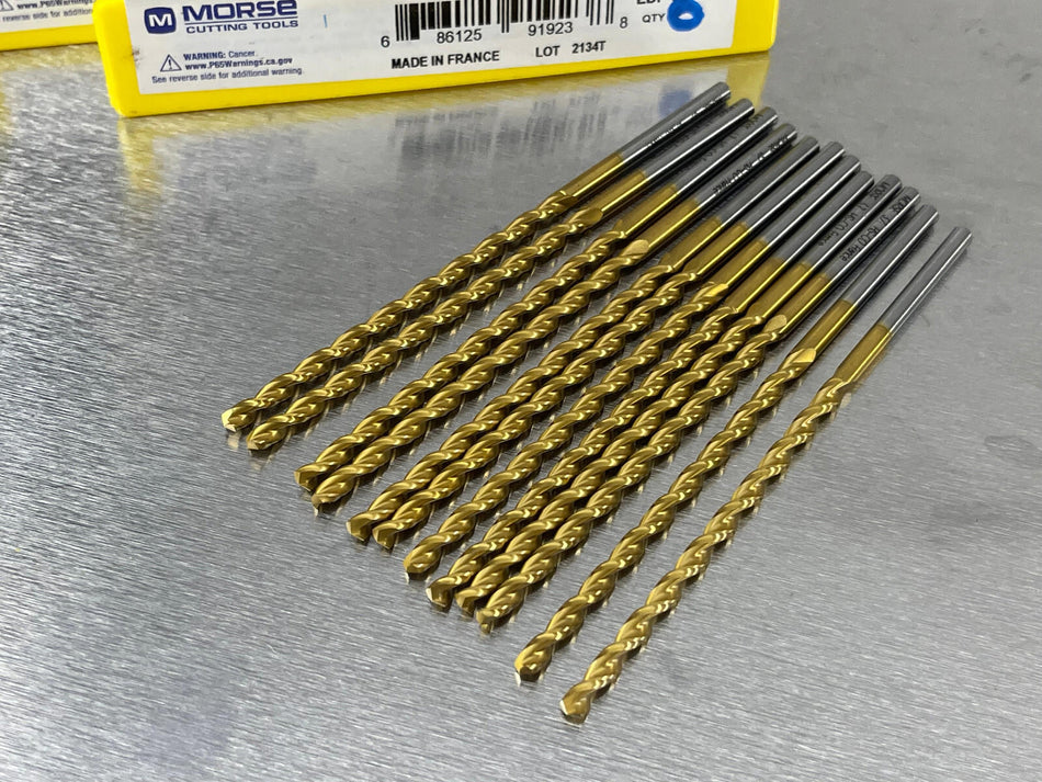 (12) Morse 3.7mm Cobalt Drill, Taper Length, TiN Coated, HSSCo5