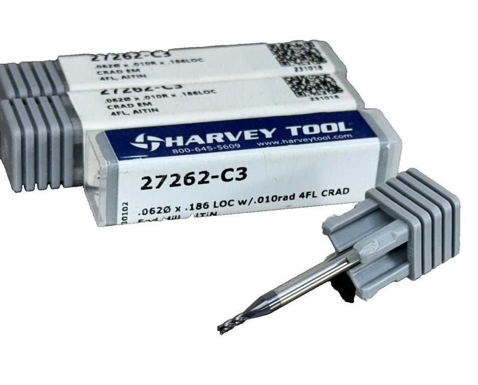 (Qty 3) Harvey 1/16" Carbide End Mill .01" CR 27262-C3