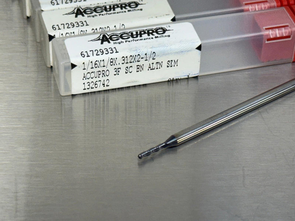 (5) Accupro .0625" Carbide End Mill 1/16" Ball Nose 2.5" OAL 61729331