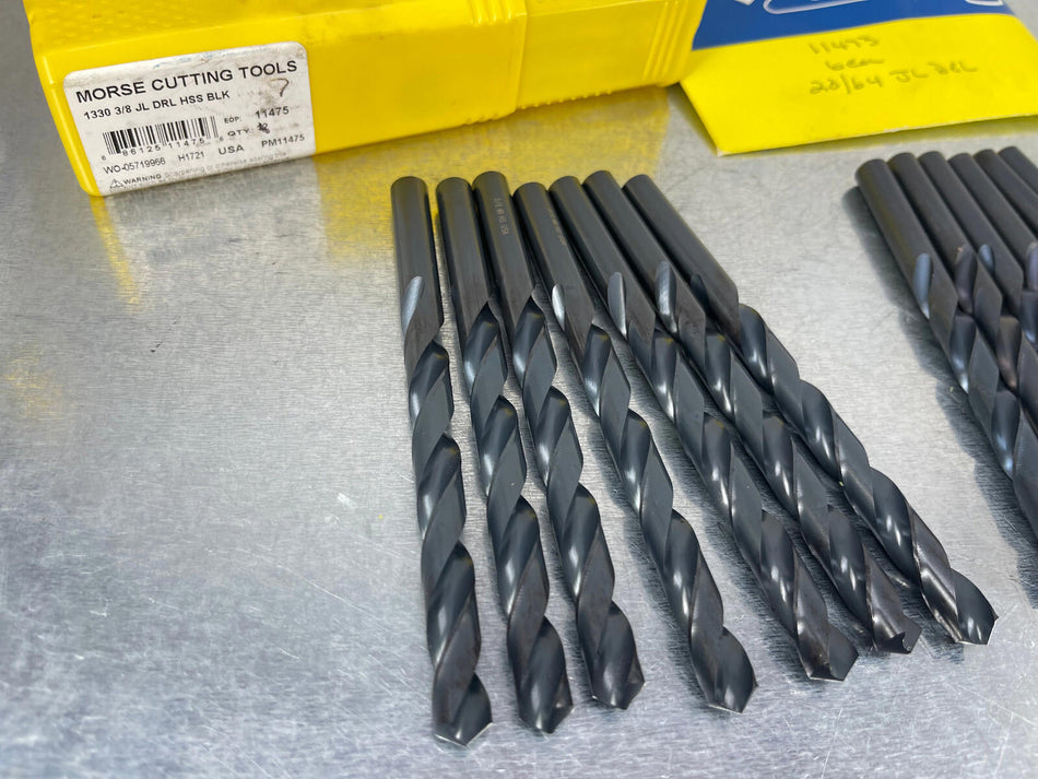 (13) Morse Jobber Drills 3/8" 11475, 23/64" 11473, HSS Black Oxide - USA Made