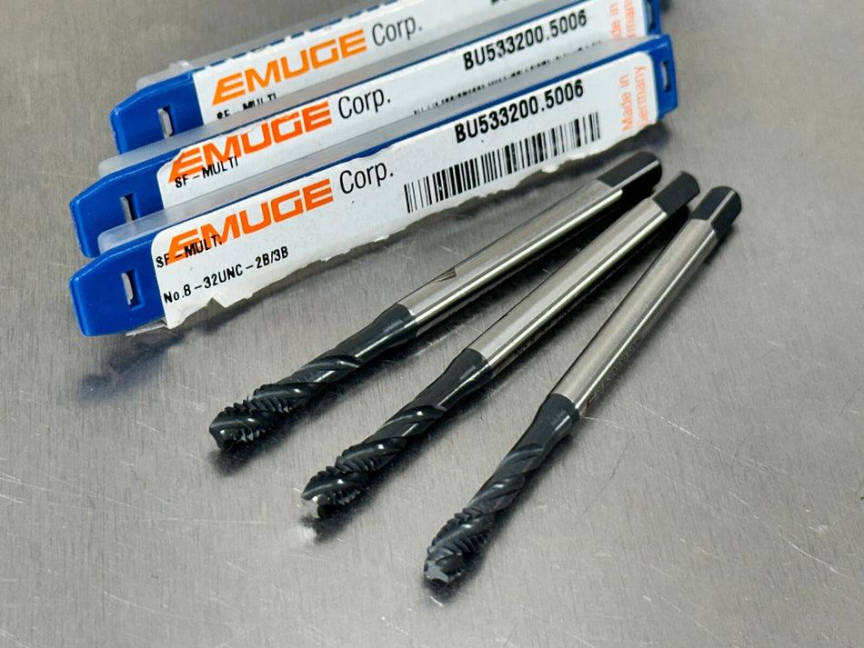 (3) Emuge #8-32 Tap Spiral Flute 2B/3B, 3FL, Bottom BU533200.5006 MultiTap 8-32