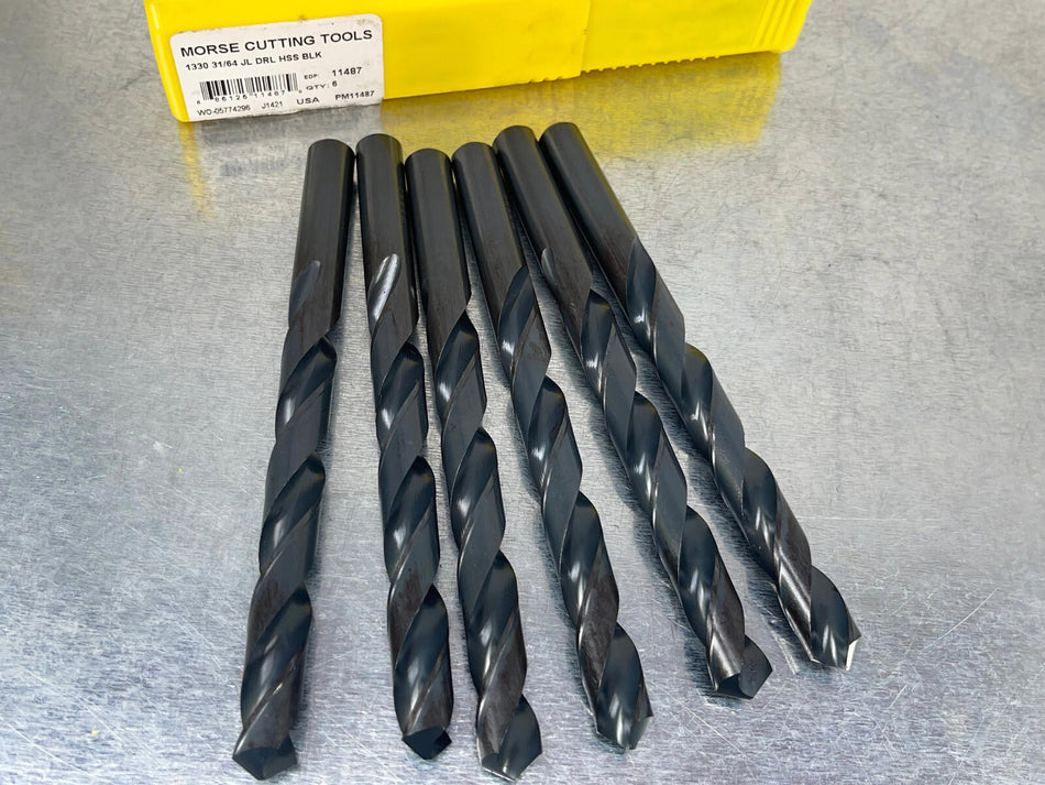 (6) Morse 31/64" Jobber Drill, HSS Black Oxide, USA Made 11487