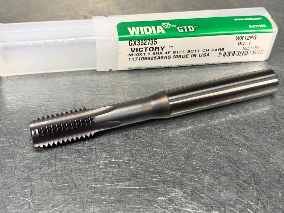 Widia M10 x 1.5 Solid Carbide Tap 6HX, Bottom, 4 Flute, Coolant Hole GX352735