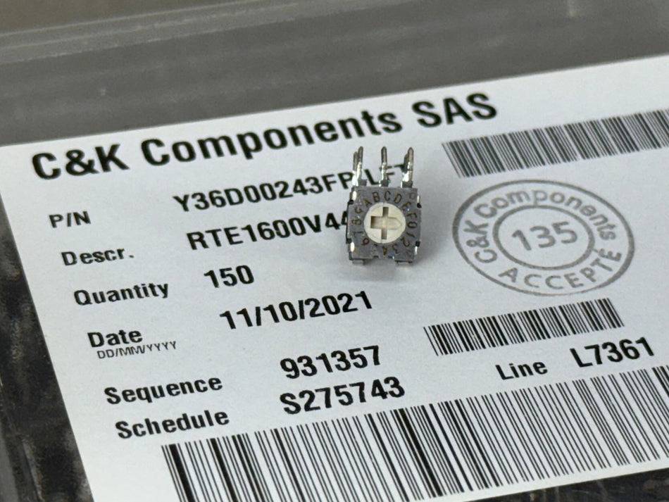 C&K Components RTE1600V44 Coded Rotary Switch DIP HEX 0.1A 30V (Qty 150)