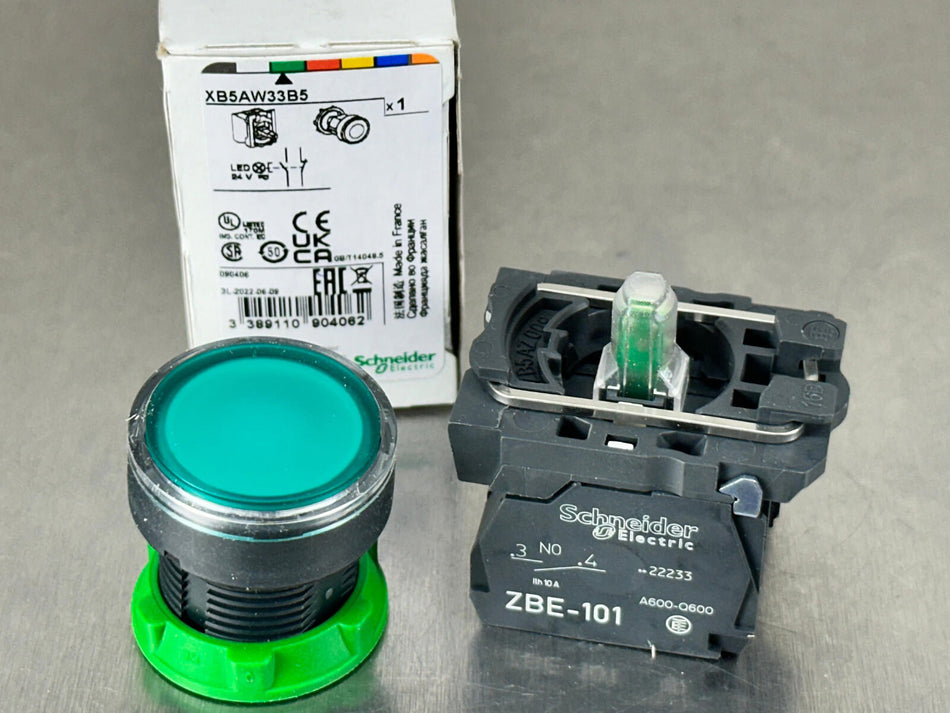 Schneider XB5AW33B5 Push Button Switch Illuminated Green LED 22mm Flush Mount