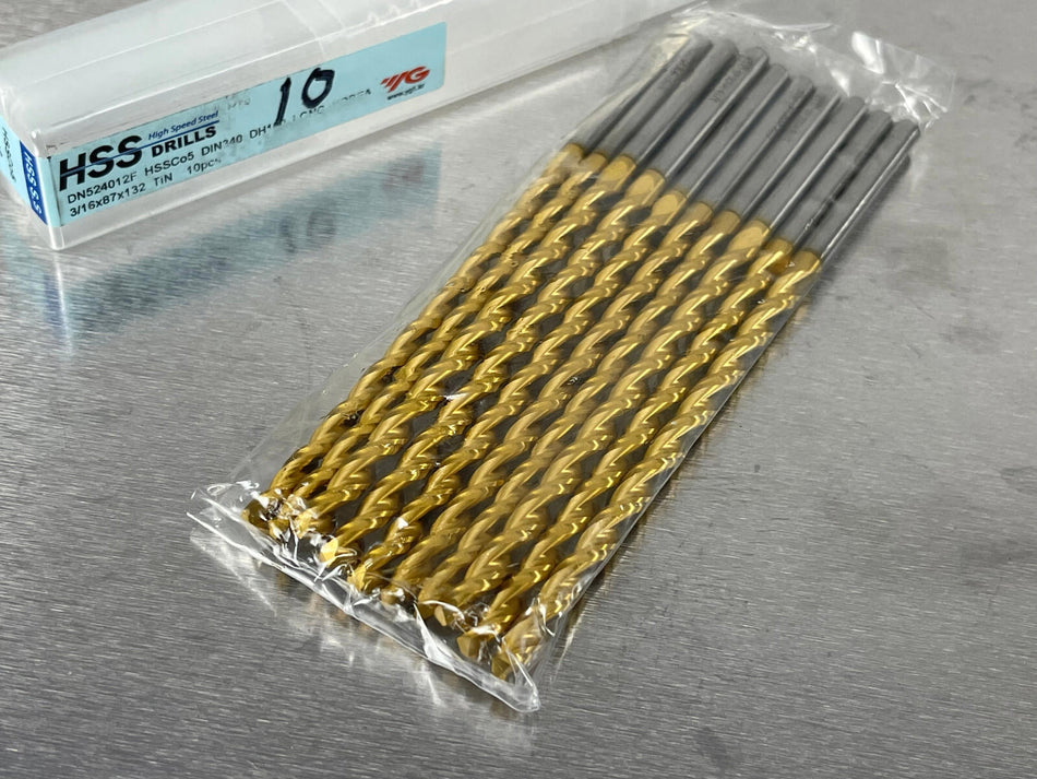(10) YG1 3/16" Cobalt Drill Parabolic, TiN Coated, HSSCo5, 5.2" OAL