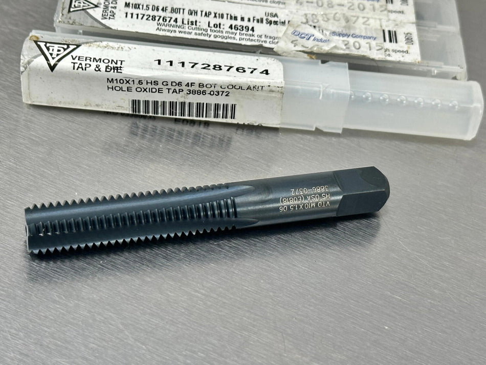 (5) Vermont M10x1.5 Tap D6 Bottom Oil Coolant Hole 4 Flute Black Oxide